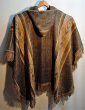 Load image into Gallery viewer, Back View of Alpaca Brown Gold Ruana Poncho with Hood, Gold Detail and Fringe