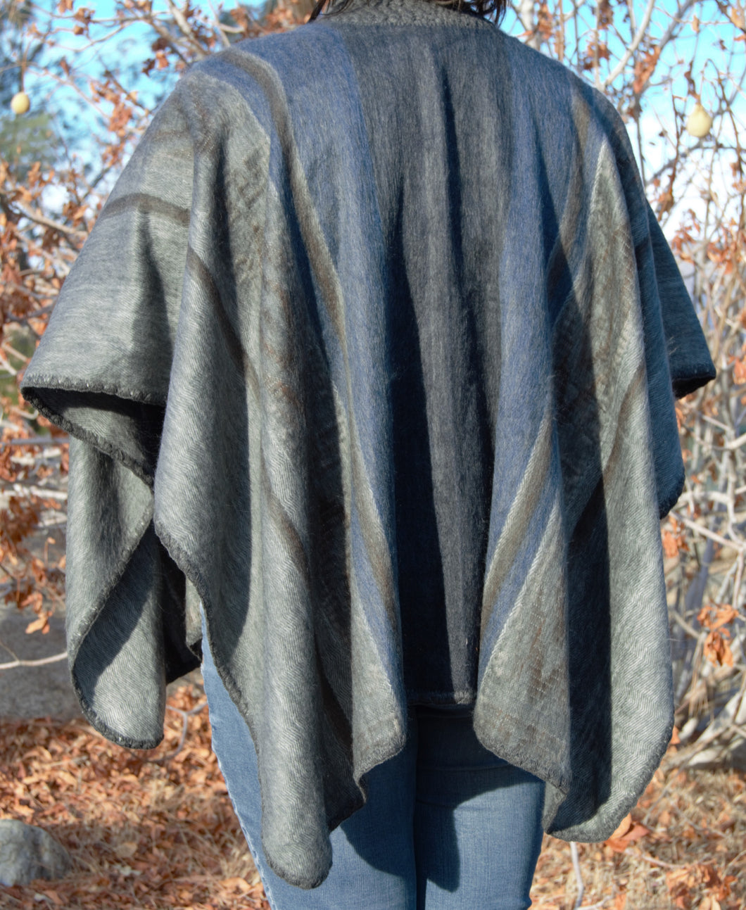 Alpaca Silver Blue Ruana Poncho with Embroidered Edge Outside on Model 