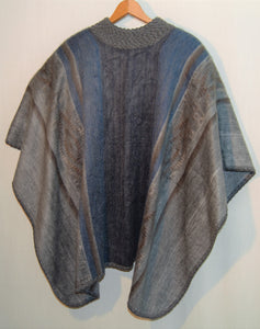 Back View of Alpaca Silver Blue Ruana Poncho with Embroidered Edge