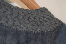 Load image into Gallery viewer, Close Up of Back View of Neck Embroidery of Alpaca Silver Blue Ruana Poncho with Embroidered Edge