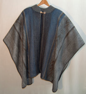 Front view of Alpaca Silver Blue Ruana Poncho with Embroidered Edge