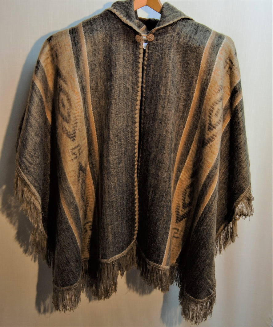 Front View of Alpaca Brown Gold Ruana Poncho with Hood, Gold Detail and Fringe