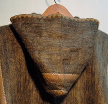 Load image into Gallery viewer, Close Up of Hood of Alpaca Brown Gold Ruana Poncho with Hood, Gold Detail and Fringe