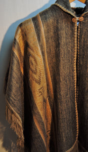 Diamond Pattern on Chest of Alpaca Brown Gold Ruana Poncho with Hood, Gold Detail and Fringe