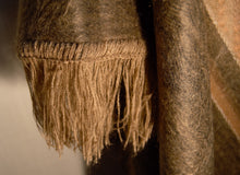 Load image into Gallery viewer, Fringe of Sleeve of Alpaca Brown Gold Ruana Poncho with Hood, Gold Detail and Fringe