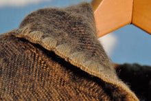 Load image into Gallery viewer, Close Up of Collar Detail of Alpaca Brown Gold Ruana Poncho with Hood, Gold Detail and Fringe